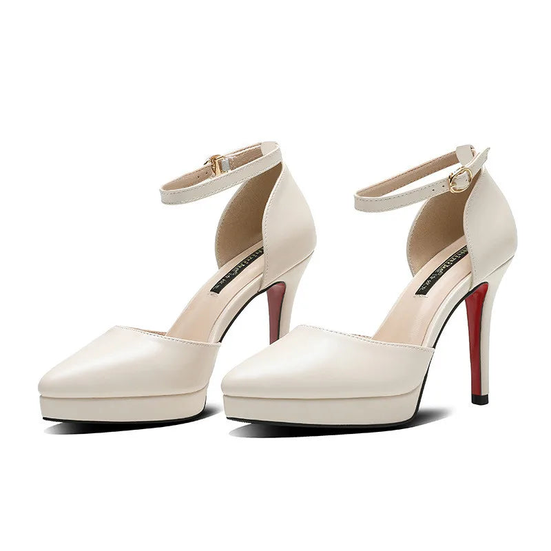 Sandales Femme Bride Cheville Bout Pointu 10cm — Plateforme, Cuir Mat, Petite Taille 32-33