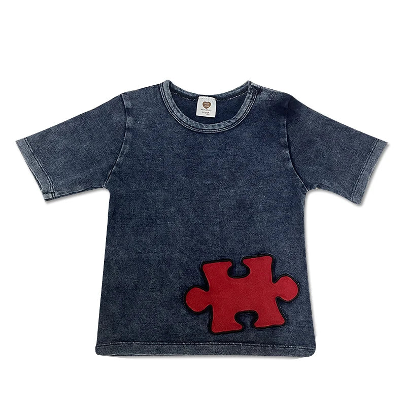 Ensemble 2 pièces bébé garçon – T-shirt manches courtes effet denim & short coton élastique, tenue été 1-3 ans