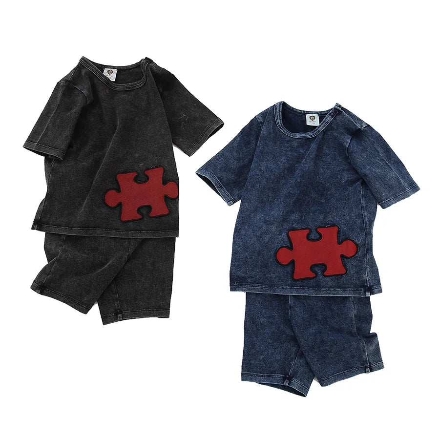 Ensemble 2 pièces bébé garçon – T-shirt manches courtes effet denim & short coton élastique, tenue été 1-3 ans