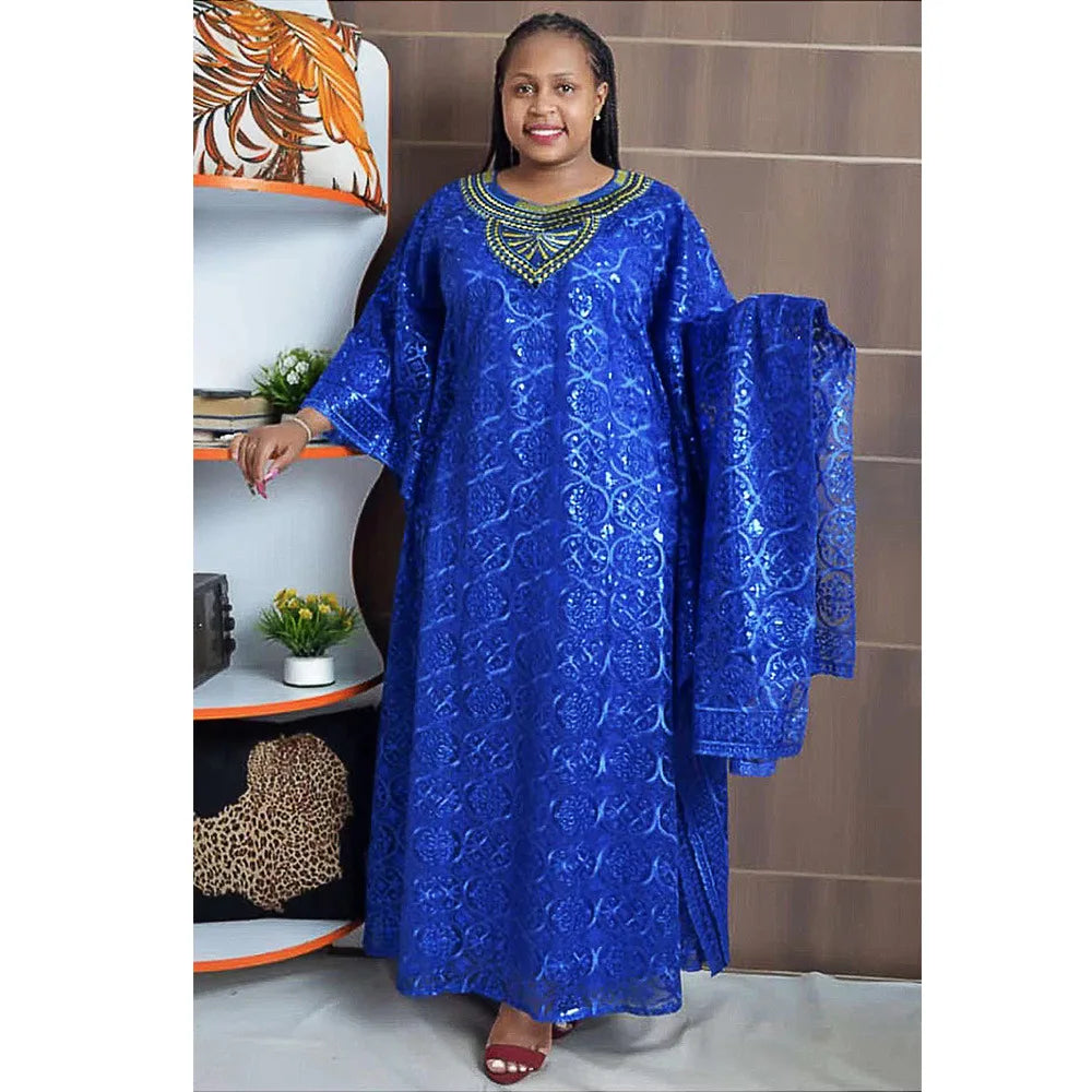 Robe Africaine 3 Pièces Femme Broderie Dentelle Manches Chauve-Souris avec Foulard