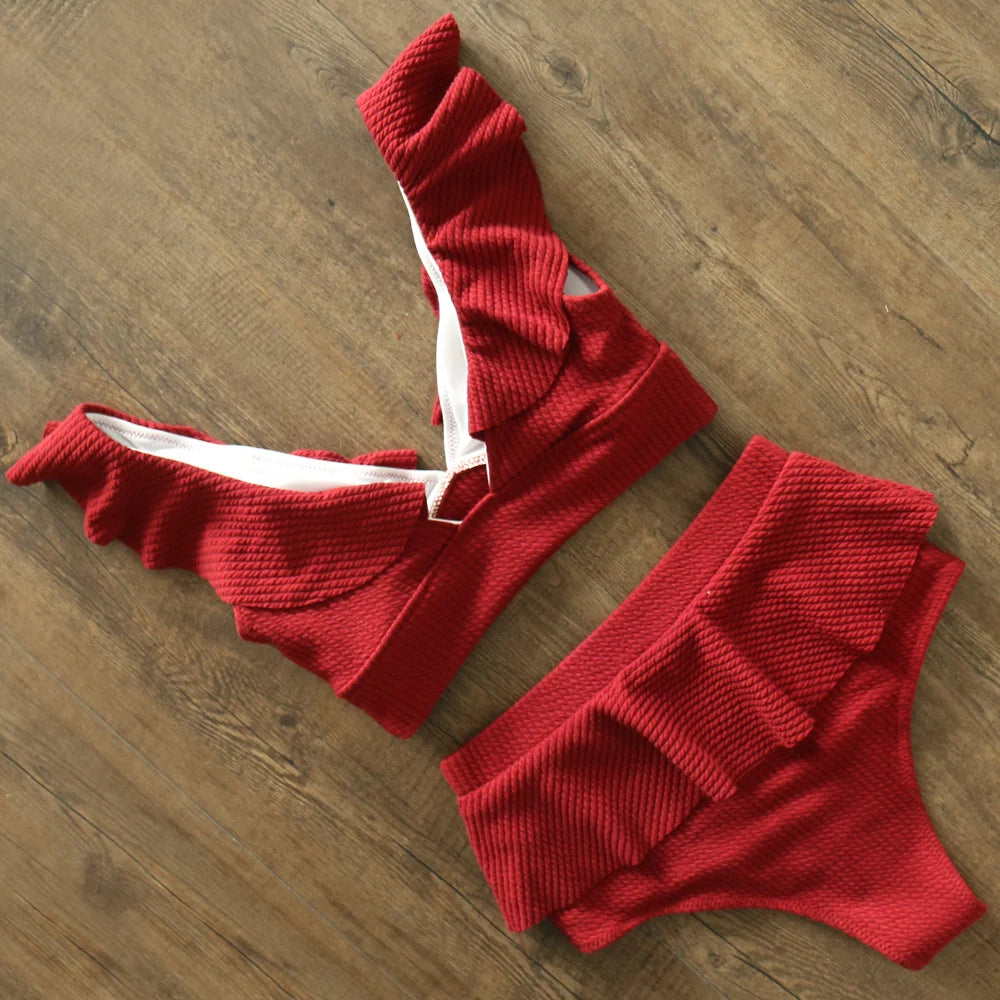 Bikini Taille Haute Push Up Volanté 2025 — Maillot de Bain Femme Plage Été