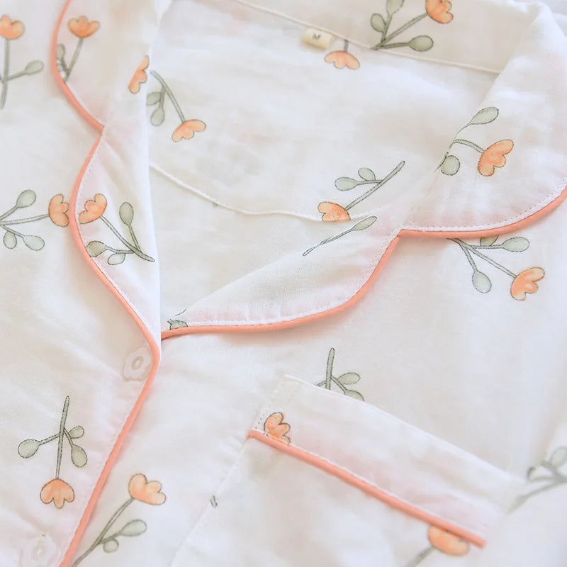Pyjama Kimono Femme Gaze Coton — Imprimé Feuille d'Érable, Manches Longues, Automne