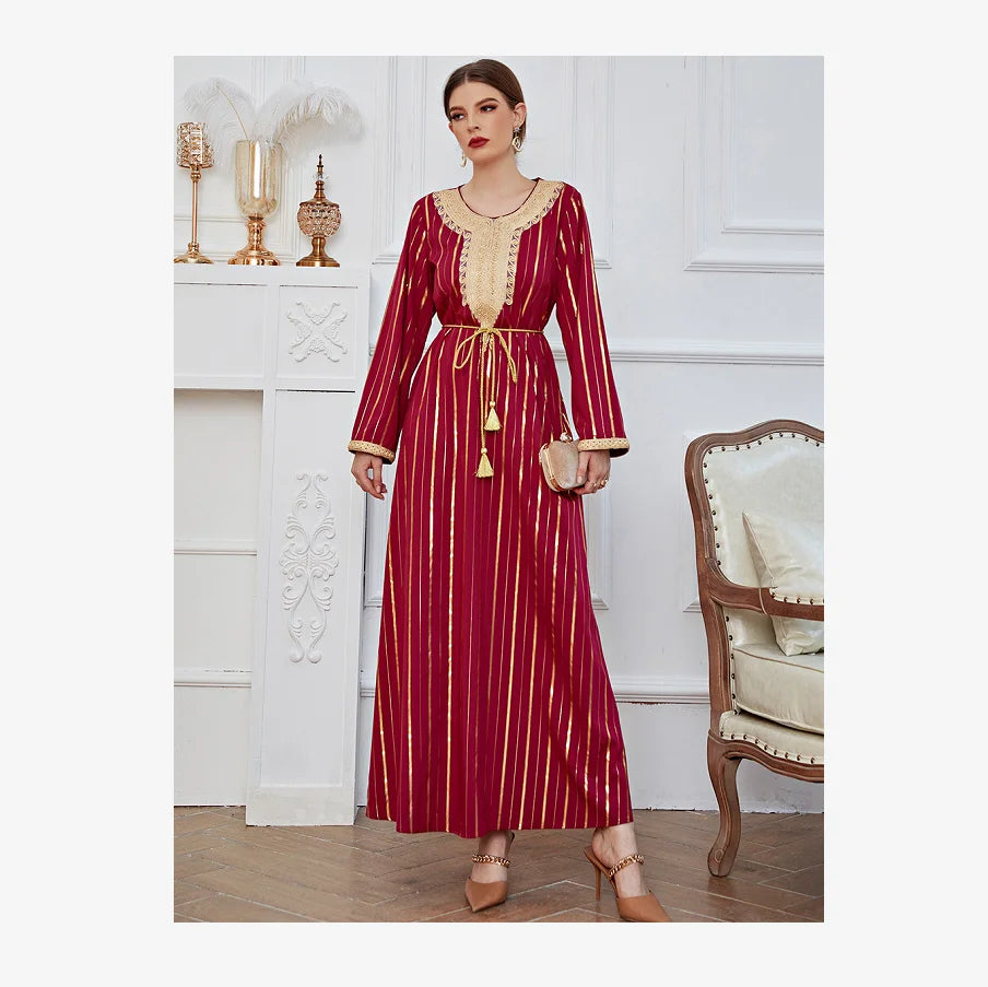 Robe Longue Vintage Coton Broderie Imprimé Doré Laçage — Islamique S-3XL