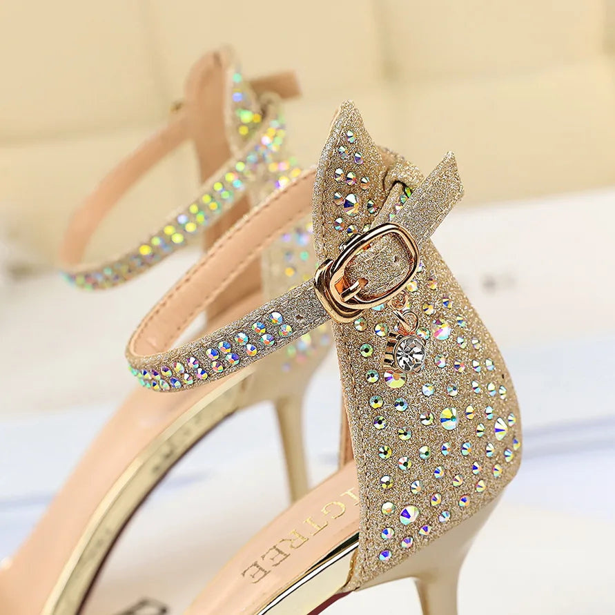 Sandales Femme Strass Cristal Talon Moyen Or — Bride Cheville, Mariage Événement 8.5cm