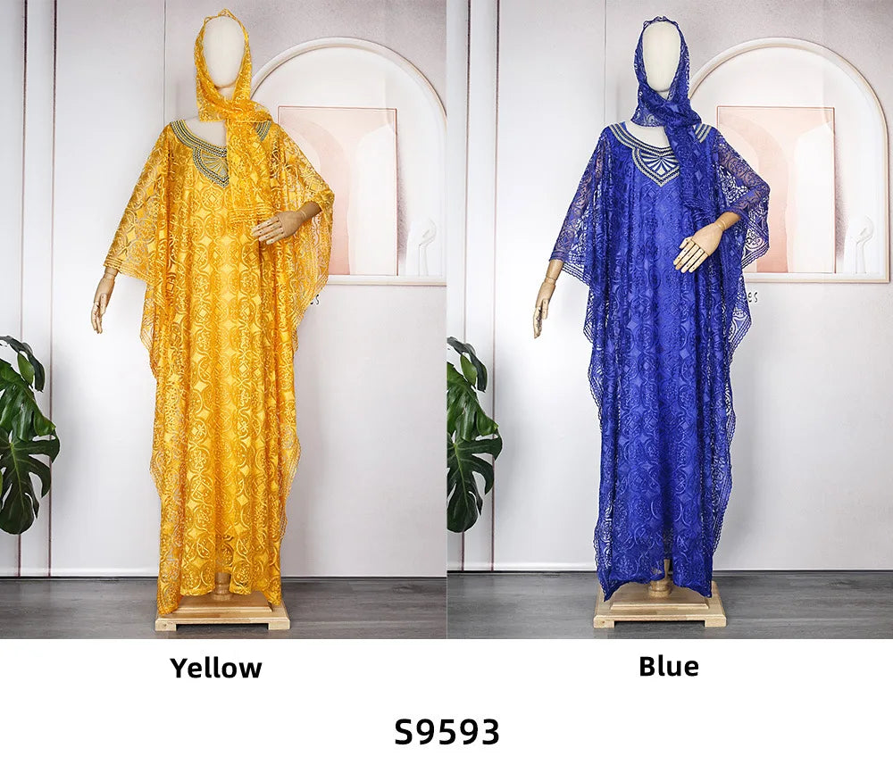 Robe Africaine 3 Pièces Femme Broderie Dentelle Manches Chauve-Souris avec Foulard