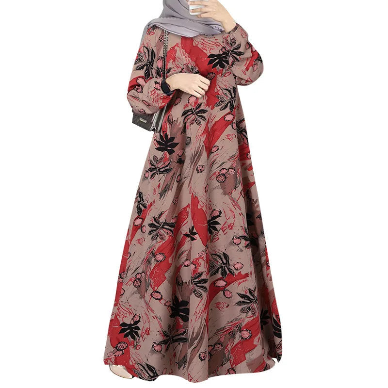 Robe Longue Femme Musulmane Manches Longues Col Rond Imprimée — Moyen-Orient