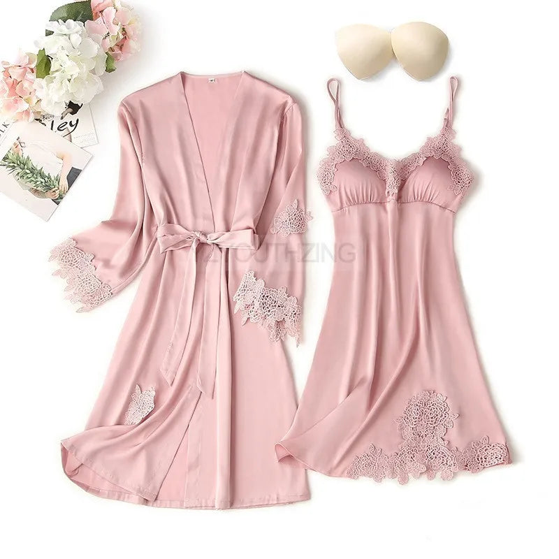 Ensemble Pyjama Femme Satin Dentelle — Robe de Chambre Kimono + Pantalon, Été