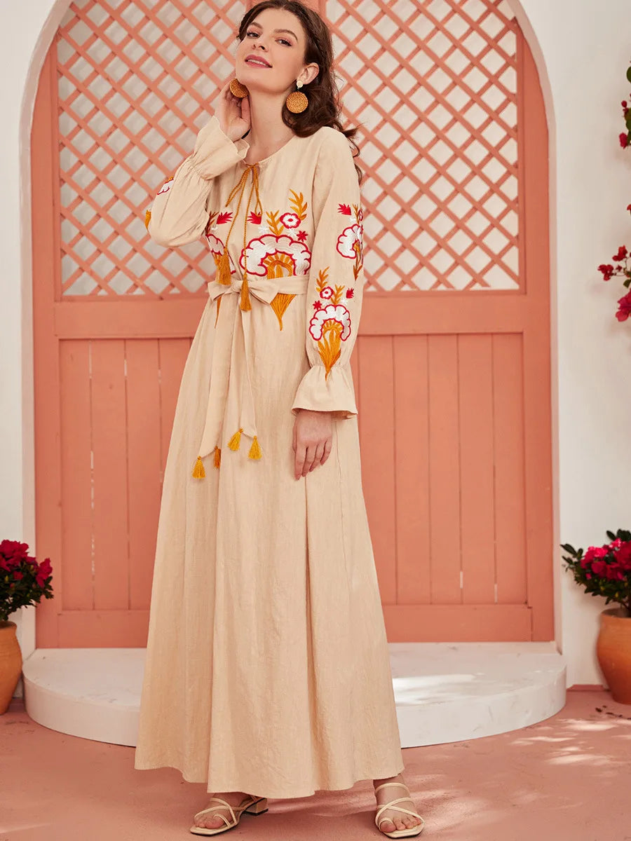 Robe Longue Broderie Manches Imprimées Flare Islamique — Taille M-2XL