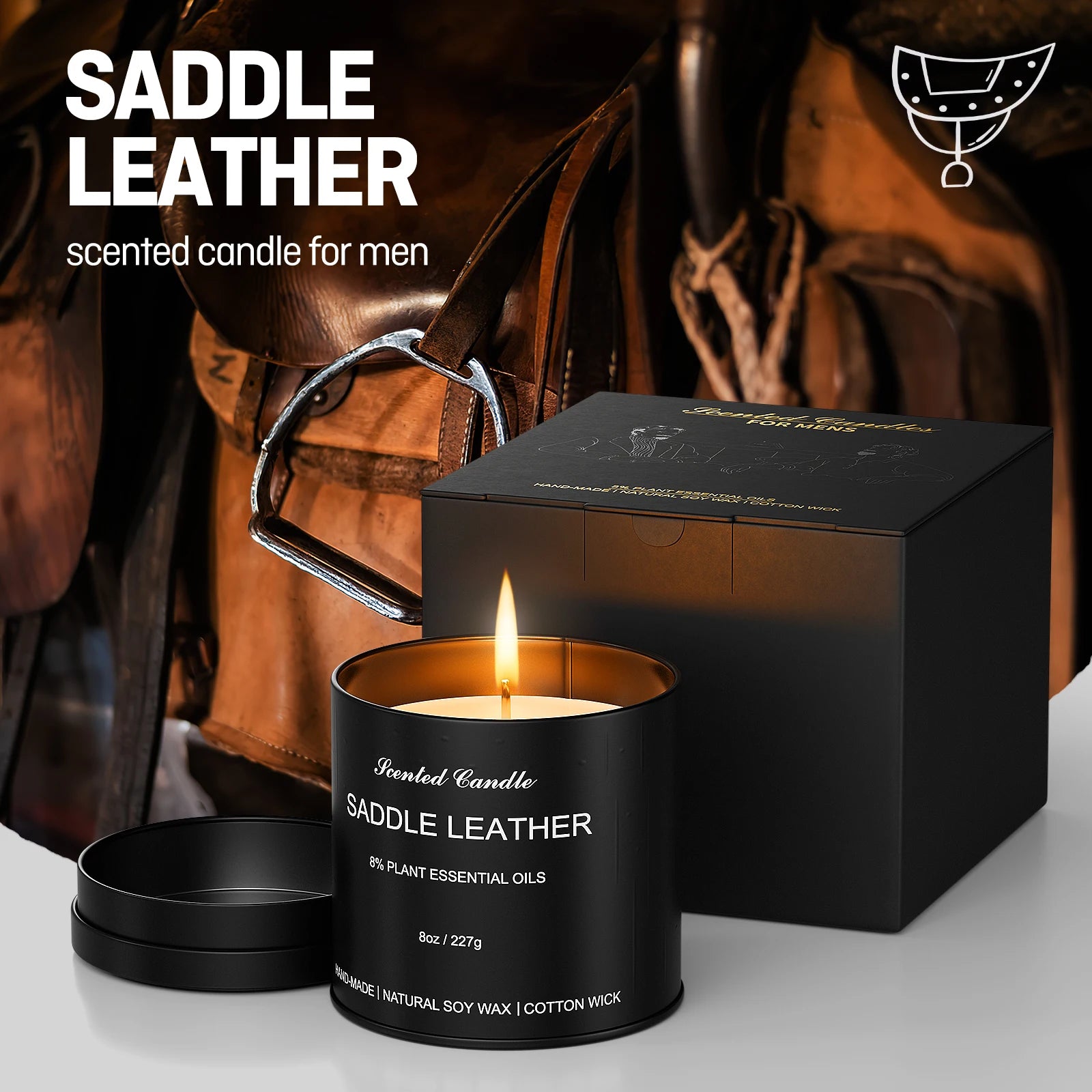 Bougie Parfumée pour Homme | Cuir de Selle | Cire de Soja | Cadeau Homme