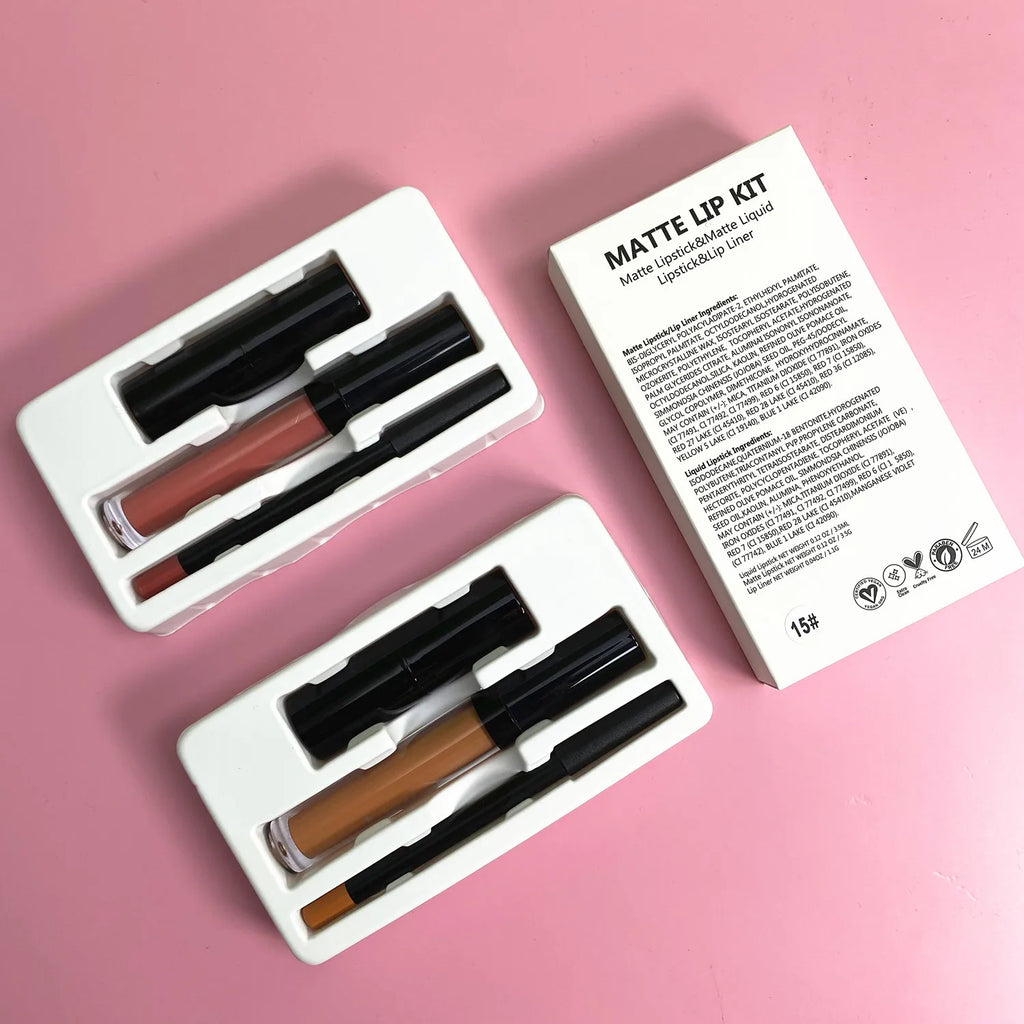 Kit Lèvres Mat Luxe — Crayon Contour + Rouge à Lèvres Liquide, 10 Couleurs, Végan