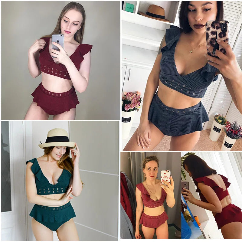 Bikini Taille Haute Push Up Volanté 2025 — Maillot de Bain Femme Plage Été