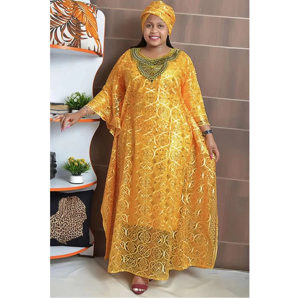 Robe Africaine 3 Pièces Femme Broderie Dentelle Manches Chauve-Souris avec Foulard