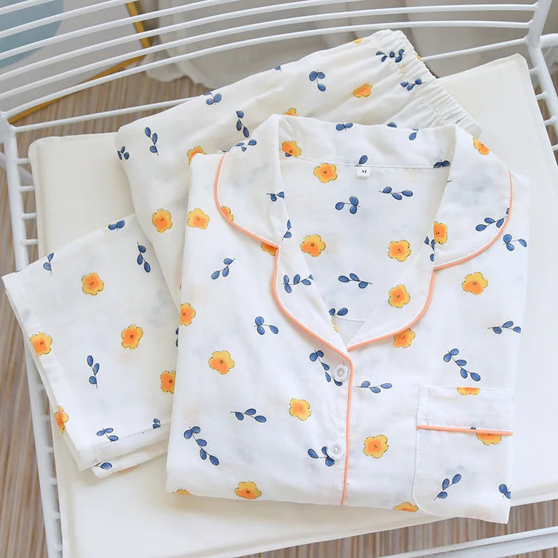 Pyjama Kimono Femme Gaze Coton — Imprimé Feuille d'Érable, Manches Longues, Automne