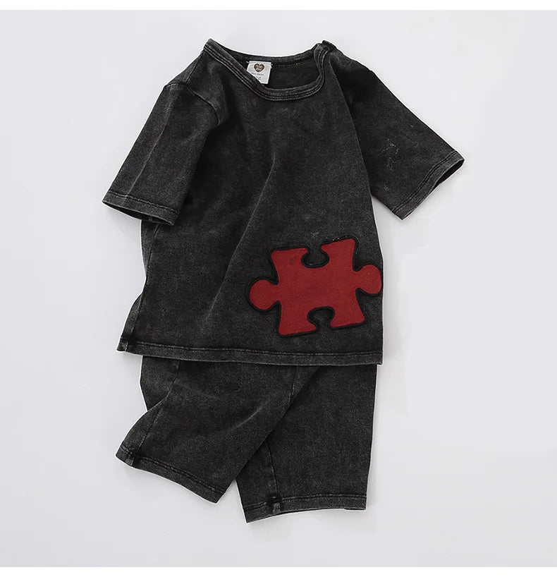Ensemble 2 pièces bébé garçon – T-shirt manches courtes effet denim & short coton élastique, tenue été 1-3 ans