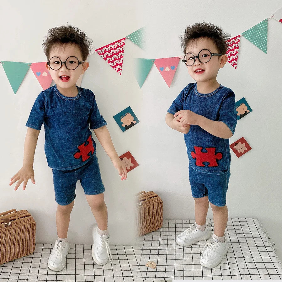 Ensemble 2 pièces bébé garçon – T-shirt manches courtes effet denim & short coton élastique, tenue été 1-3 ans