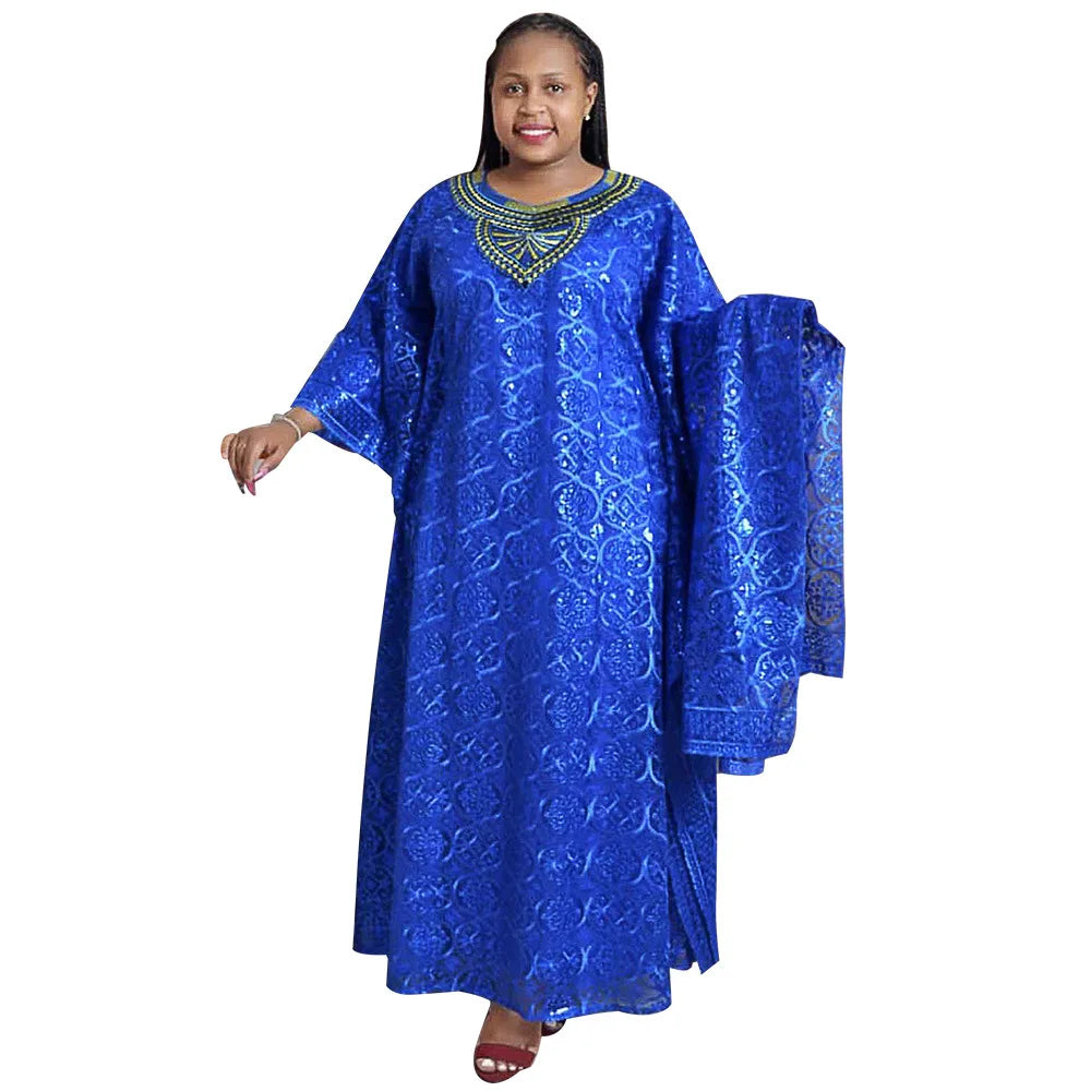 Robe Africaine 3 Pièces Femme Broderie Dentelle Manches Chauve-Souris avec Foulard