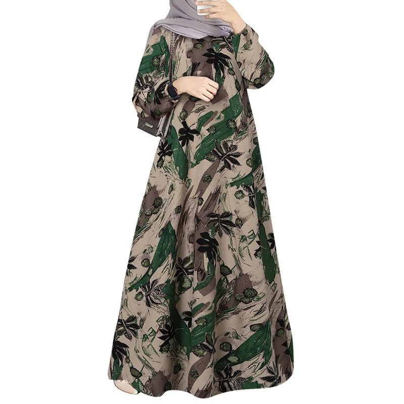 Robe Longue Femme Musulmane Manches Longues Col Rond Imprimée — Moyen-Orient
