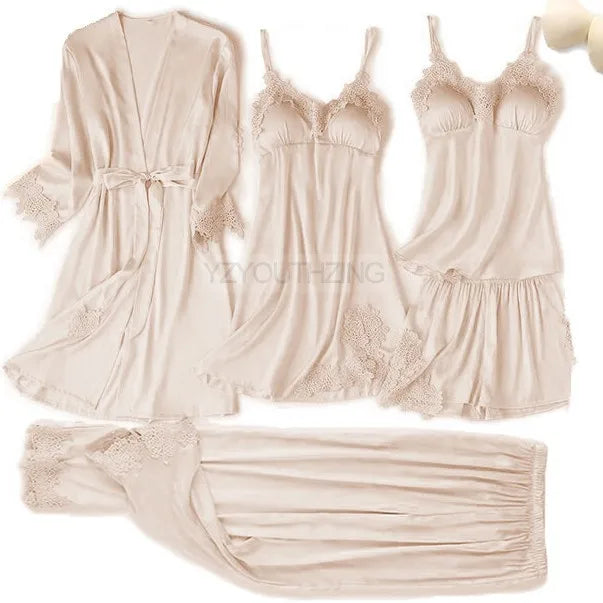 Ensemble Pyjama Femme Satin Dentelle — Robe de Chambre Kimono + Pantalon, Été