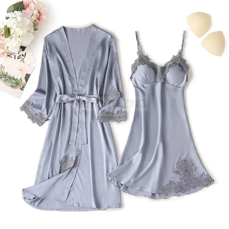 Ensemble Pyjama Femme Satin Dentelle — Robe de Chambre Kimono + Pantalon, Été