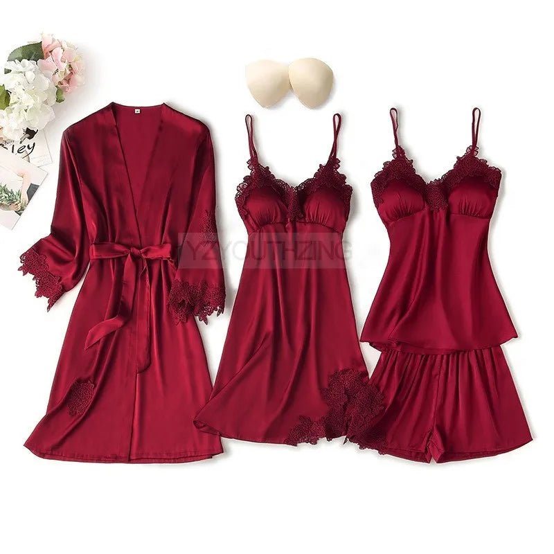 Ensemble Pyjama Femme Satin Dentelle — Robe de Chambre Kimono + Pantalon, Été