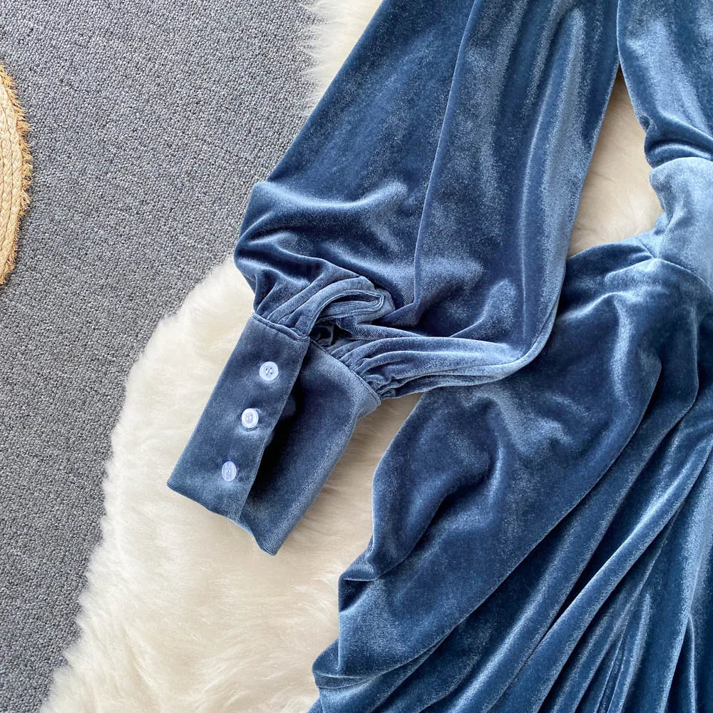 Robe Longue Velours Bleu Femme Élégante Col V Manches Lanterne — Taille Haute Soirée