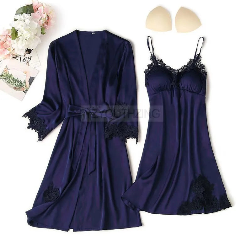 Ensemble Pyjama Femme Satin Dentelle — Robe de Chambre Kimono + Pantalon, Été