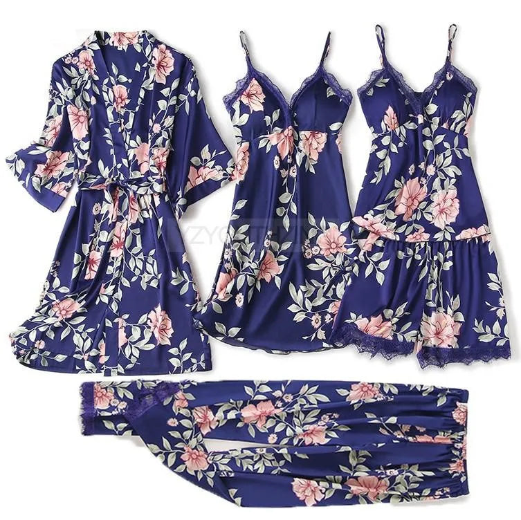 Ensemble Pyjama Femme Satin Dentelle — Robe de Chambre Kimono + Pantalon, Été