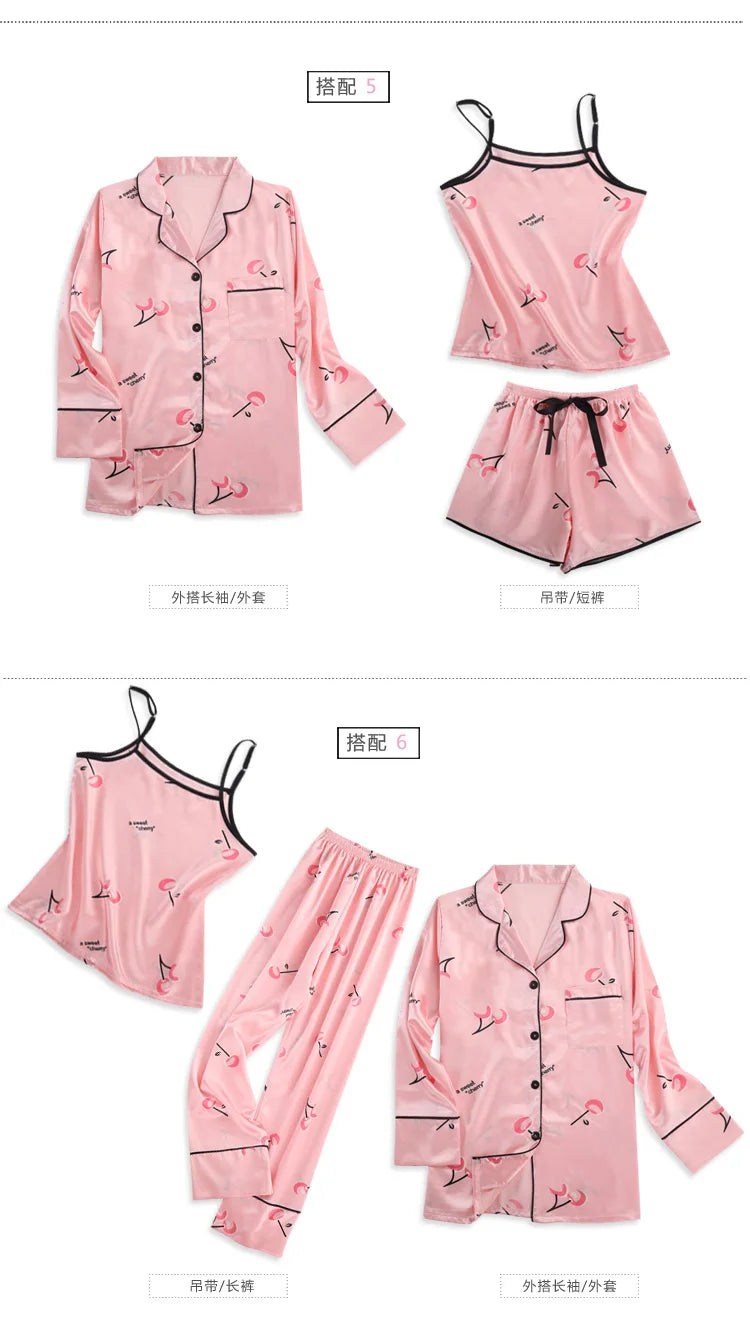 Pyjama Satin Femme 7 Pièces Col Revers Imprimé Cerises — Soie Douce