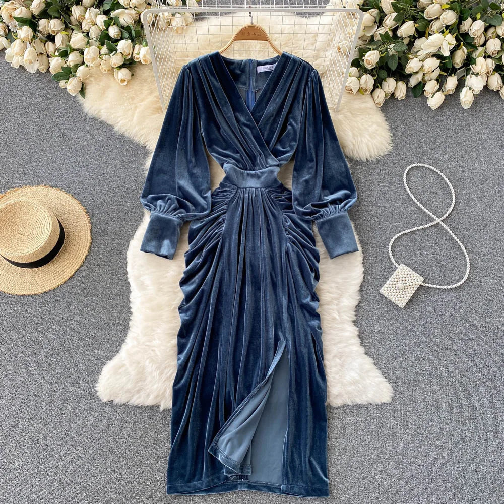 Robe Longue Velours Bleu Femme Élégante Col V Manches Lanterne — Taille Haute Soirée