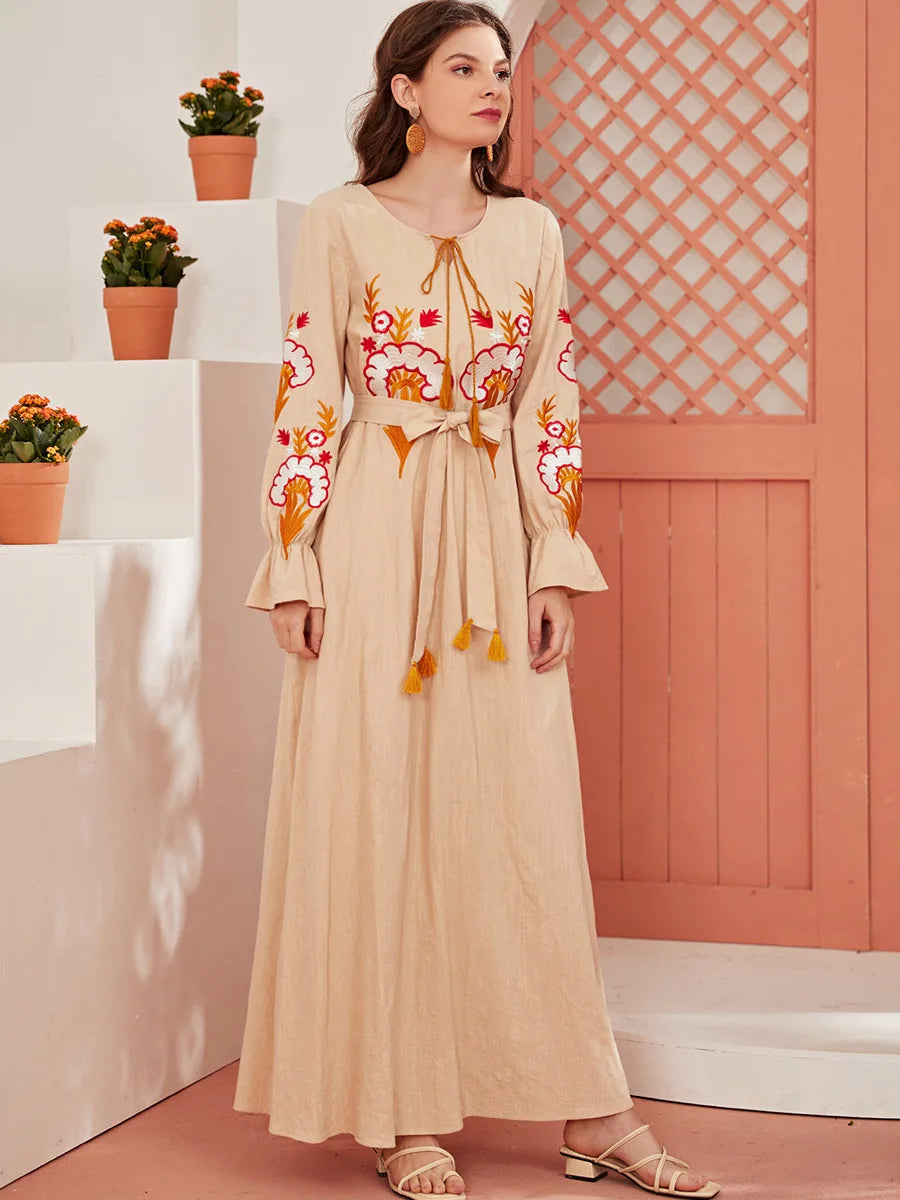 Robe Longue Broderie Manches Imprimées Flare Islamique — Taille M-2XL