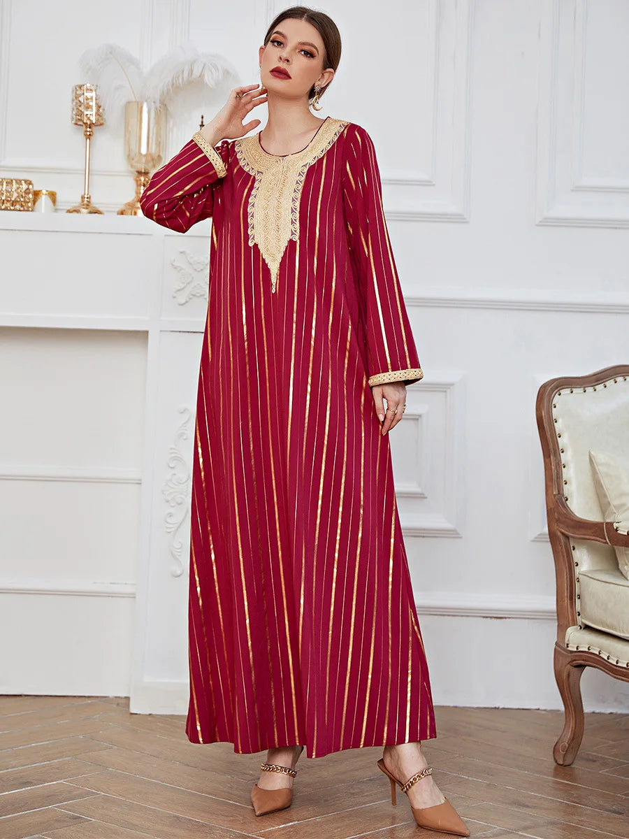 Robe Longue Vintage Coton Broderie Imprimé Doré Laçage — Islamique S-3XL
