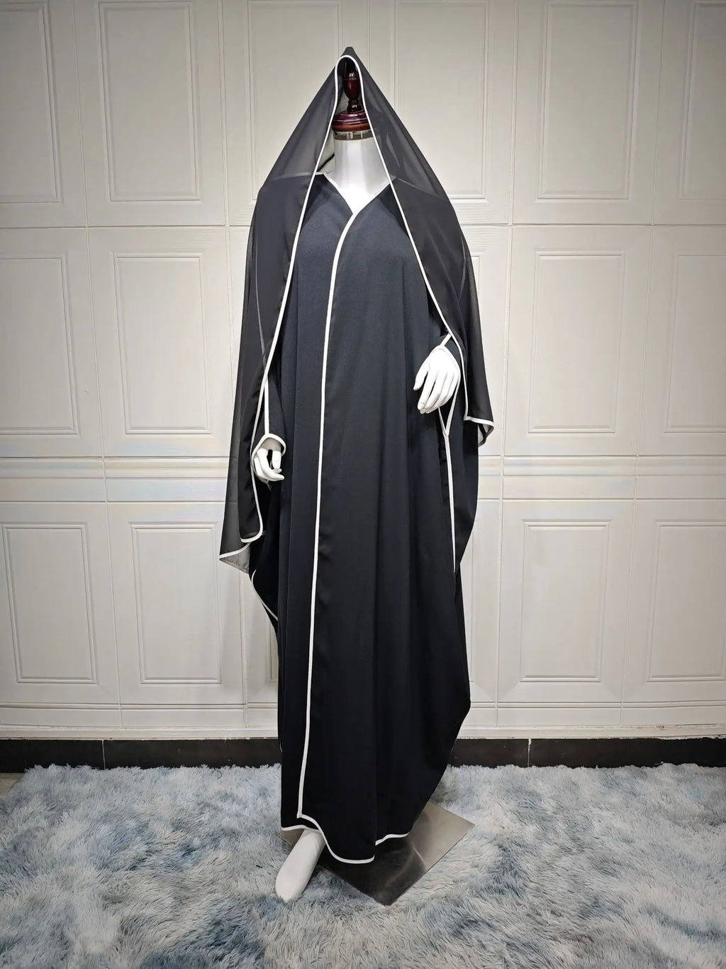 Abaya Noire Tendance Femme EID Ramadan Patchwork Hijab Ouverte avec Châle