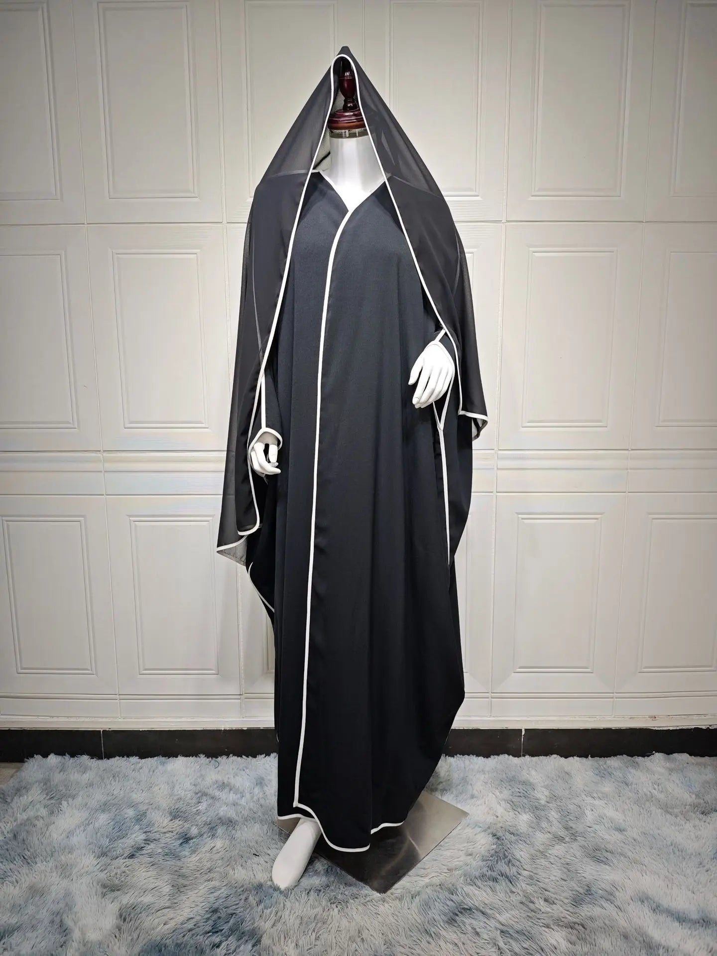 Abaya Noire Tendance Femme EID Ramadan Patchwork Hijab Ouverte avec Châle