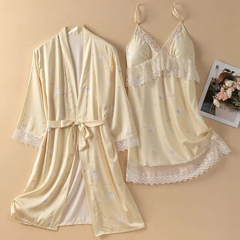 Pyjama Soie Femme Été Nuisette Dentelle Halter Rembourrée Satin 2 Pièces