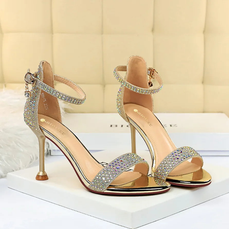 Sandales Femme Strass Cristal Talon Moyen Or — Bride Cheville, Mariage Événement 8.5cm