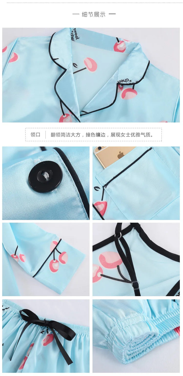 Pyjama Satin Femme 7 Pièces Col Revers Imprimé Cerises — Soie Douce