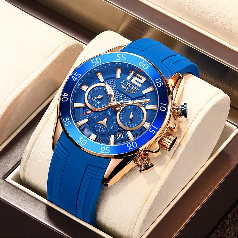 Montre Homme LIGE Sport Rouge Silicone — Étanche, Chronographe Quartz, Luxe