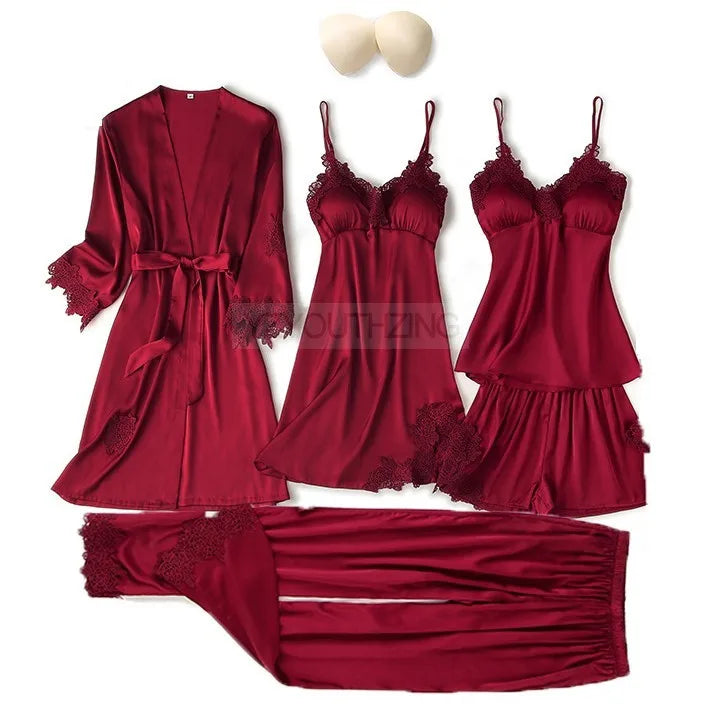 Ensemble Pyjama Femme Satin Dentelle — Robe de Chambre Kimono + Pantalon, Été