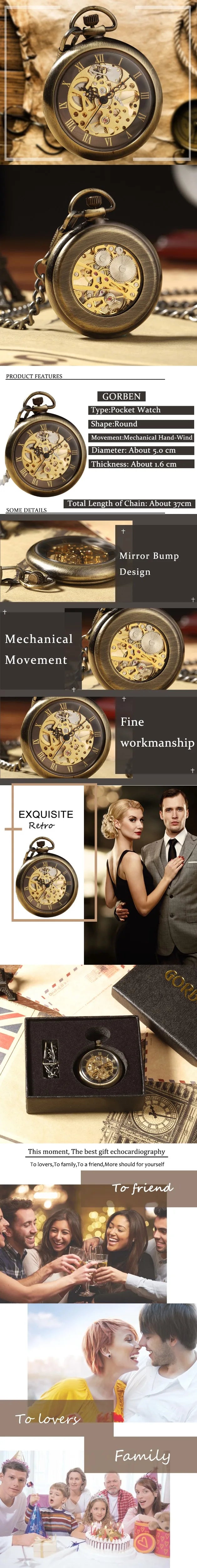Montre de Gousset Mécanique Squelette — Remontage Manuel, Transparent, Chaîne Fob