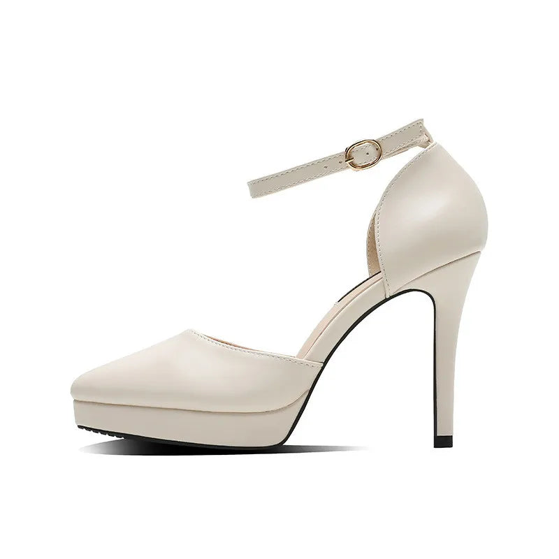 Sandales Femme Bride Cheville Bout Pointu 10cm — Plateforme, Cuir Mat, Petite Taille 32-33