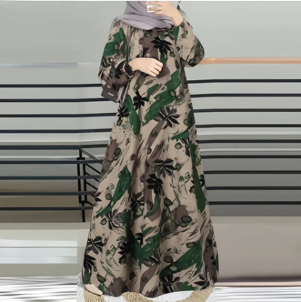 Robe Longue Femme Musulmane Manches Longues Col Rond Imprimée — Moyen-Orient