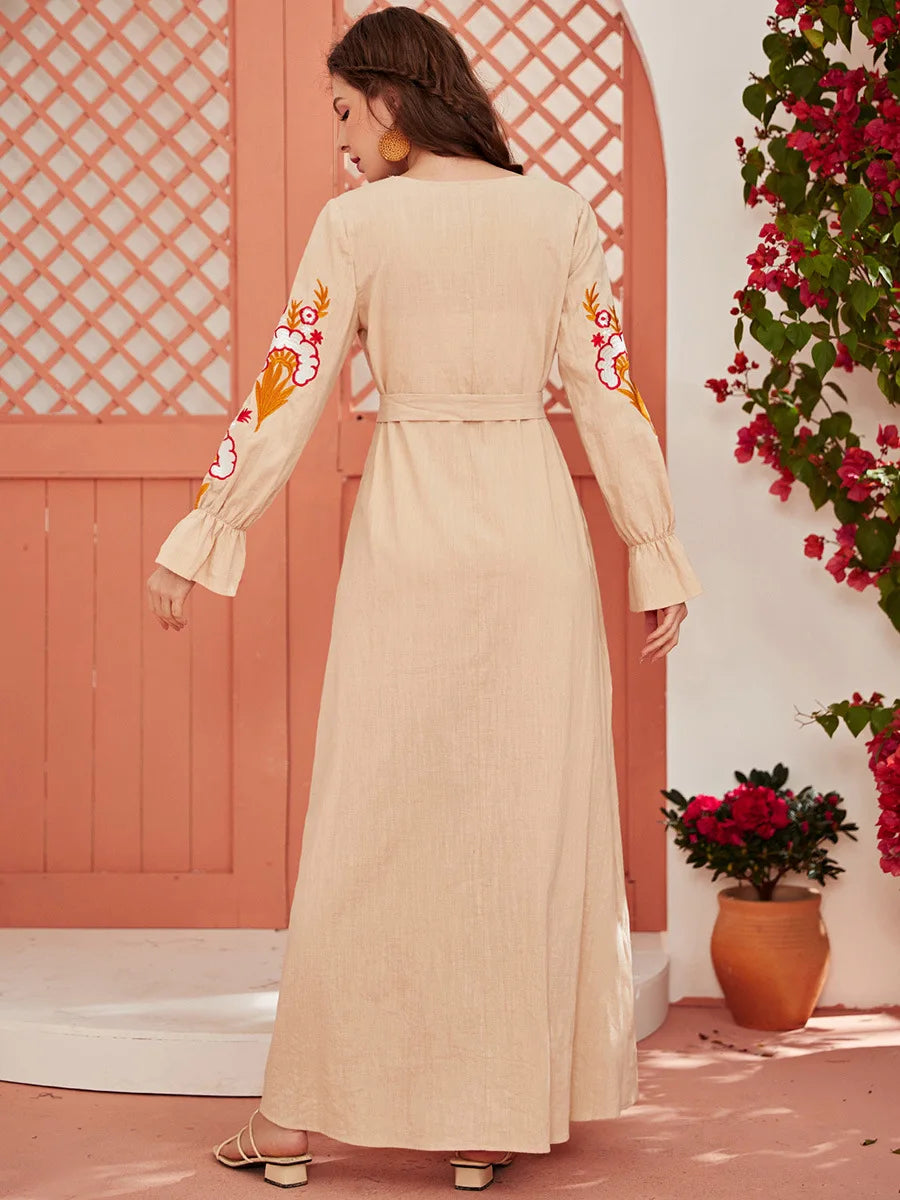 Robe Longue Broderie Manches Imprimées Flare Islamique — Taille M-2XL