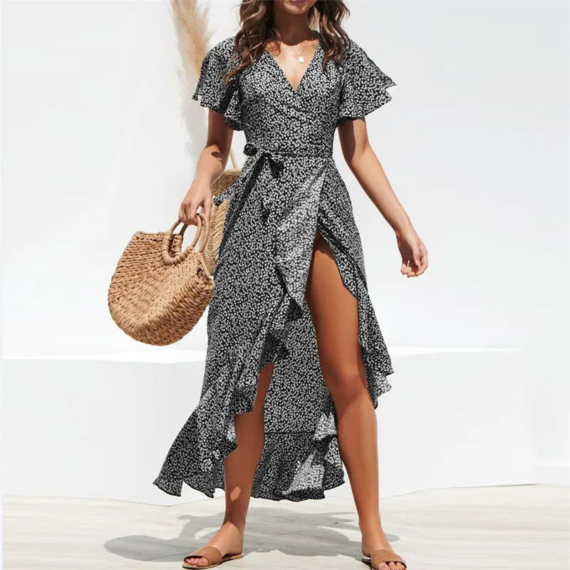 Robe Longue Boho Fleurie Mousseline — Col V, Volantée, Plage & Soirée Été
