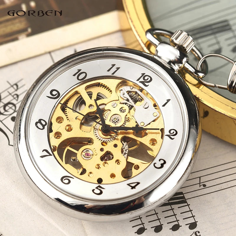 Montre de Gousset Mécanique Squelette — Remontage Manuel, Transparent, Chaîne Fob