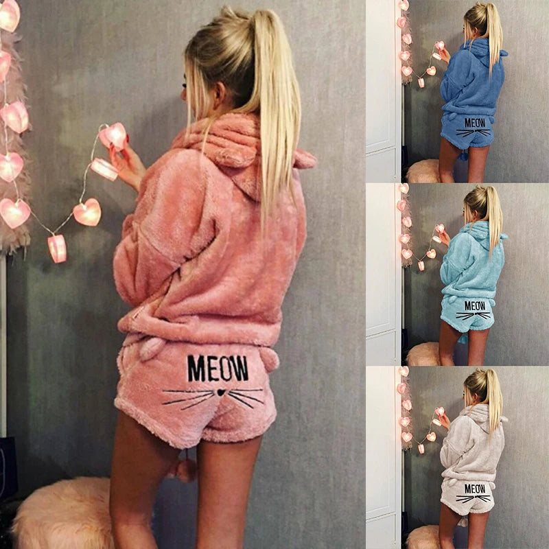 Pyjama Femme Polaire Chaud Hiver — Imprimé Chat, À Capuche, Grande Taille S-5XL