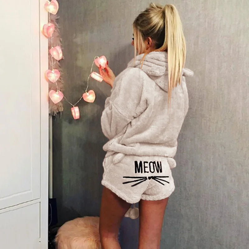 Pyjama Femme Polaire Chaud Hiver — Imprimé Chat, À Capuche, Grande Taille S-5XL