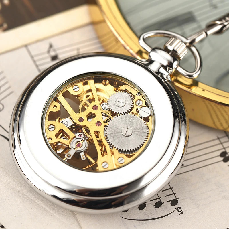 Montre de Gousset Mécanique Squelette — Remontage Manuel, Transparent, Chaîne Fob