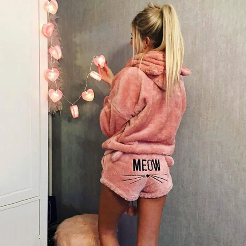Pyjama Femme Polaire Chaud Hiver — Imprimé Chat, À Capuche, Grande Taille S-5XL