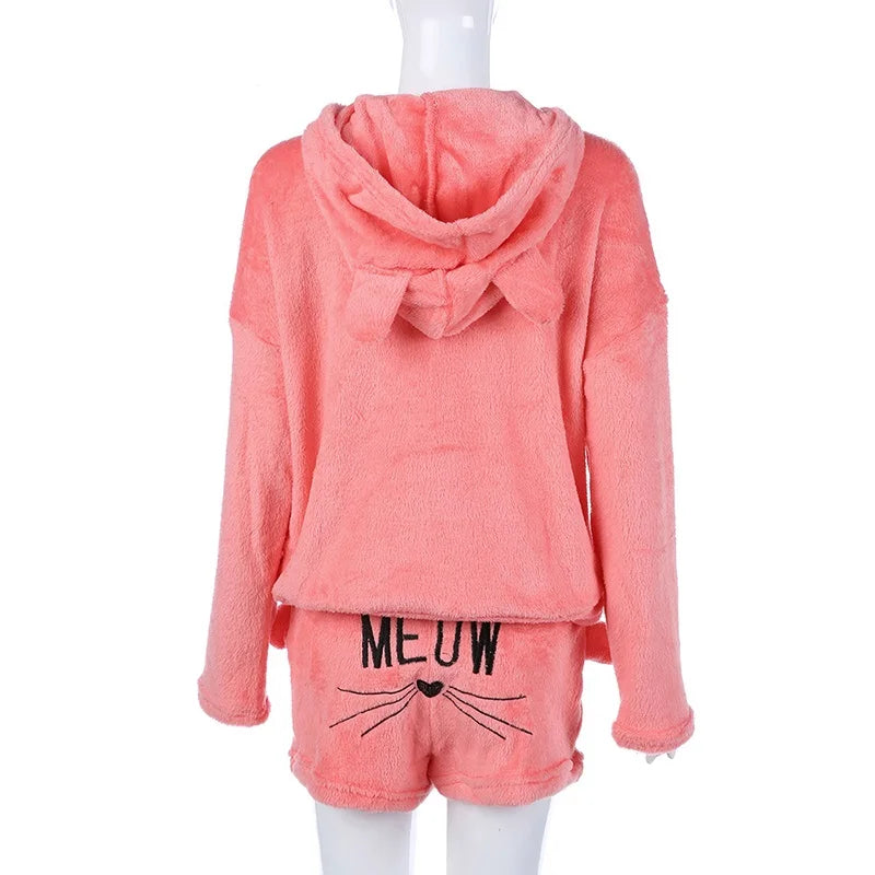 Pyjama Femme Polaire Chaud Hiver — Imprimé Chat, À Capuche, Grande Taille S-5XL