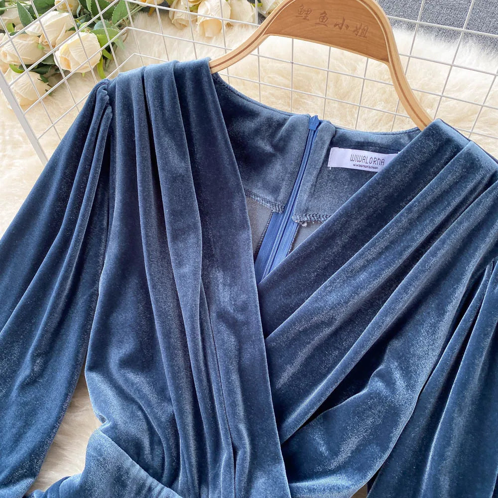 Robe Longue Velours Bleu Femme Élégante Col V Manches Lanterne — Taille Haute Soirée
